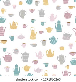Vector seamless pattern with cups and teapots. Hand-drawn style. Suitable for textiles, wrapping paper, scrubbing, wallpaper and other.