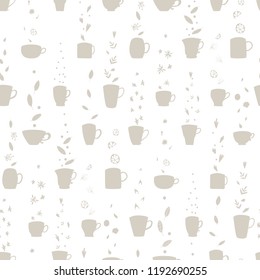 Vector seamless pattern of cups of various teas in pastel colors. Vintage minimalist style. Flat illustration.
