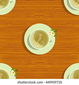 Vector seamless pattern. Cups of white tea with flowers on plate, lay flat object on wooden, timber background