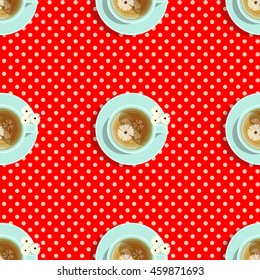 Vector seamless pattern. Cups of white tea with daisy on plate, scarlet background with white polka dots. Perfect for food or tea web blog, tablecloth, menu for cafe or tea house