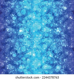 Vector seamless pattern with curls and stars on a blue gradient striped background, bokeh