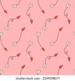 Vector seamless pattern with curved arrows in retro style. Pink background with swirl arrows with heart shaped arrowheads. Happy Valentines day. Love and romance.