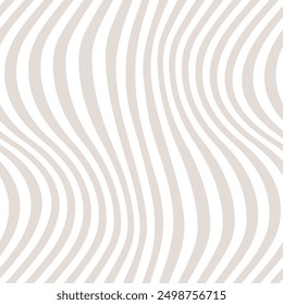 Vector seamless pattern with curved lines, wavy stripes, waves. Beige and white distorted background. Groovy dynamical rippled texture, illusion of movement. Abstract minimalist repeated geo design