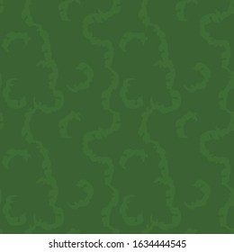 Vector seamless pattern with curved swirls elements blots in green on a dark green background.