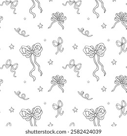 Vector seamless pattern with curvy bows and stars, hand drawn, doodle.