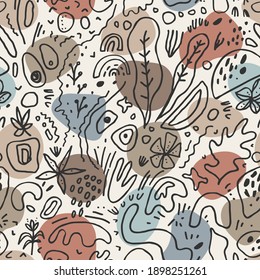 Vector seamless pattern. Curvy fluid organic shapes, natural design elements, abstract pebbles, plants, herbs, lines, leaves, doodles. Earth tones, neutral earthy colors. Beach world dreamy pattern