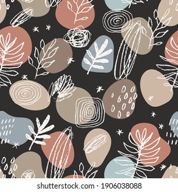Vector seamless pattern. Curvy fluid organic shapes, natural design elements, abstract pebbles, plants, herbs, lines, leaves, design elements scattered on background. Natural backdrop illustration