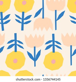 Vector seamless pattern with Cut Out stylized Flowers. Beautiful Floral texture in Scandinavian Folk art style.