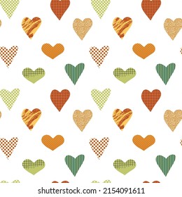 Vector seamless pattern with cut out decorated hearts. Abstract hearts repeating. Colorful collaged hearts pattern for valentine day.