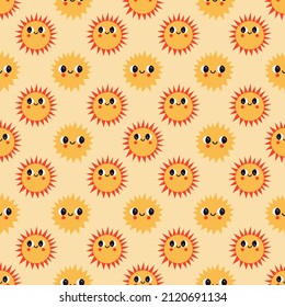 Vector seamless pattern with cute abstract sun and stars. Retro background with fun space and sky characters. Can be used for textile, wrapping paper, wallpaper for kids nursery and other design