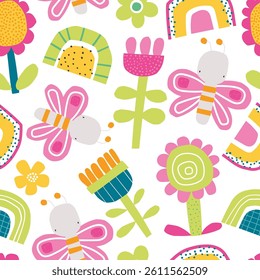 Vector seamless pattern with cute abstract butterflies, colors and rainbows. Children's summer, spring colorful print. Insects. Creative kids texture for fabric, wrapping, textile, wallpaper. 