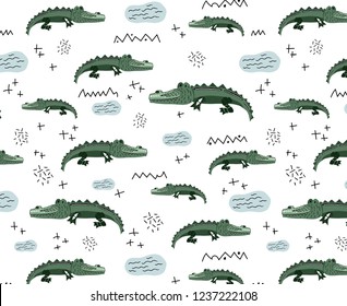 Vector seamless pattern with cute African crocodiles and little doodles on white background, endless texture -  design of kids clothes, nursery textiles,  posters, greeting cards. Scandinavian style