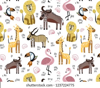 Vector seamless pattern with cute African lion, antelope, buffalo animal on white, endless texture - design of clothes, kids textiles, prints, posters, greeting cards. Scandinavian style