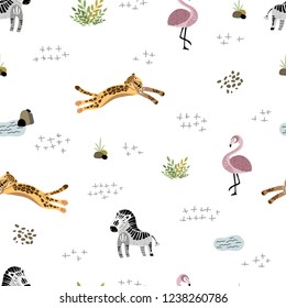 Vector seamless pattern with cute African animals and birds on white background, flat and hand drawn style, endless texture - for design of clothes, home textiles, posters, greeting cards