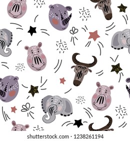 Vector seamless pattern with cute African animals faces on white, endless texture. Flat, scandinavian style. For design of clothes, baby textiles, prints, posters, greeting cards, etc.