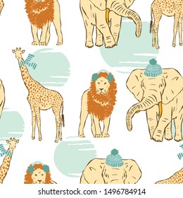 Vector seamless pattern with cute african animals dressed for winter. Giraffes with scarves, elephants with knit caps, lions with earmuffs. Hand drawn illustration for children christmas decor and