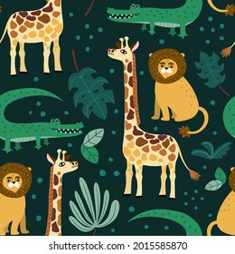 Vector seamless pattern with cute African animals like lion, giraffe and crocodile with palm leaves in flat doodle style