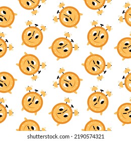 Vector seamless pattern with cute alarm clock. Clock with eyes and smile. Back to school. 