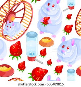 Vector seamless pattern, cute albino isometric hamster set