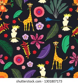 Vector of seamless pattern with cute animal of lion, parrot and giraffe playing in the jungle surrounded with exotic flowers and leaves on black background. Design for kid, baby, and children supplies