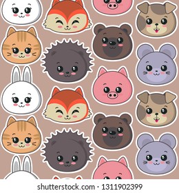 Vector seamless pattern with cute animal faces, endless backgrond for baby fabric, textile design.