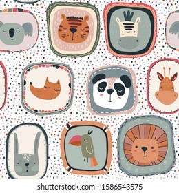 Vector seamless pattern with cute animal faces in frames. Simple scandinavian style. Endless background for baby fabric, children textile design, wrapping paper.