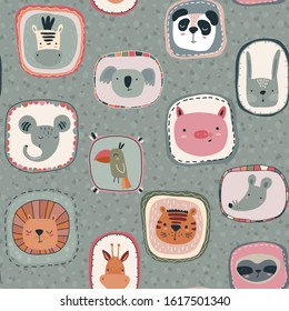 Vector seamless pattern with cute animal faces in frames. Simple scandinavian style. Endless background for baby fabric, children textile design, wrapp