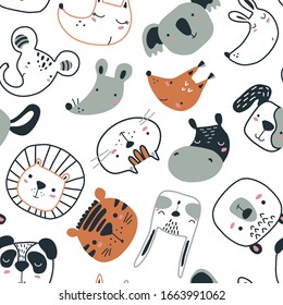 Vector seamless pattern with cute animal faces in simple scandinavian style. Endless background for baby fabric, children textile design, wrapping paper.