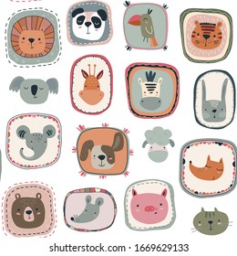 Vector seamless pattern with cute animal faces in frames. Simple scandinavian style. Endless background for baby fabric, children textile design, wrapping paper.