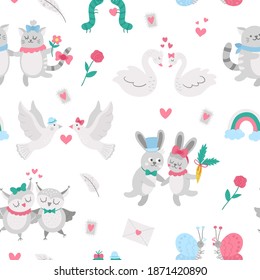 Vector seamless pattern with cute animal pairs. Repeating background with loving couples. Love relationship or family concepts digital paper. Texture with Valentine’s day characters.
