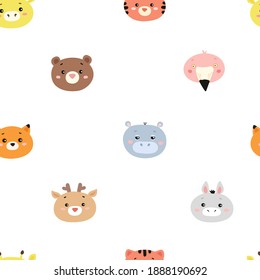 Vector Seamless Pattern with Cute Animal Heads in Flat style.Kid's Ornament for Textile, Fabric, Print, Design, Wallpaper, Wrapping Paper.Funny Hand Drawn Mammal's Face.Adorable Characters for Baby.