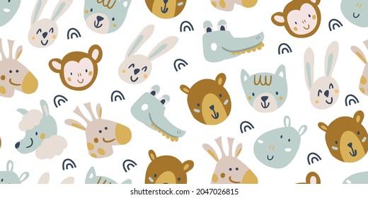 Vector seamless pattern with cute animal faces - bear, crocodile, giraffe, lama, hippo, monkey, cat, rabbit on white background. childish seamless pattern for boys and girls