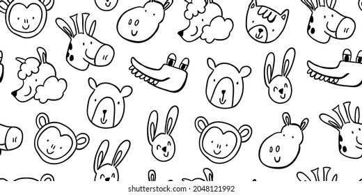 Vector seamless pattern with cute animal faces - bear, crocodile, giraffe, lama, hippo, monkey, cat, rabbit black and white. childish seamless pattern for boys and girls