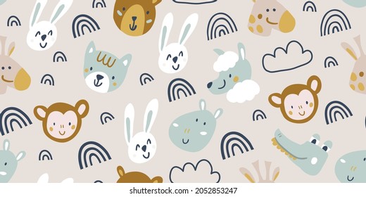 Vector seamless pattern with cute animal faces - bear, crocodile, giraffe, lama, hippo, monkey, cat, rabbit on beige background. childish seamless pattern for boys and girls