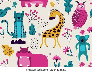 Vector seamless pattern with cute animal.