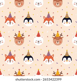 Vetor padrão sem emenda com rostos de animais bonitos em chapéus de festa e confete festivo. Desenho de embalagem de aniversário de desenhos animados com urso, raposa, veado e pinguim em estilo plano. Lindos padrões de animais infantis.