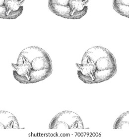 Vector seamless pattern with cute animal character. Hand drawn illustration with sleeping fox isolated on white. Black and white texture in sketch style