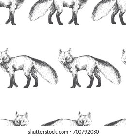 Vector seamless pattern with cute animal character. Hand drawn illustration with forest fox isolated on white. Black and white texture in sketch style