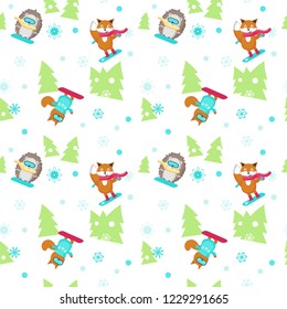 Vector seamless pattern with cute animals hedgehog, squirrel and fox enjoying snowboarding. Winter background, wallpaper, fabric, wrapping paper.