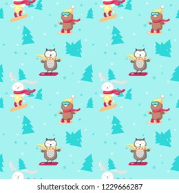Vector seamless pattern with cute animals bear, bunny and owl enjoying snowboarding. Winter background, wallpaper, fabric, wrapping paper.