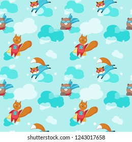 Vector seamless pattern with cute animals bear, squirrel and fox flying in sky in super hero costumes. Superhero animals background, wallpaper, fabric, wrapping paper.