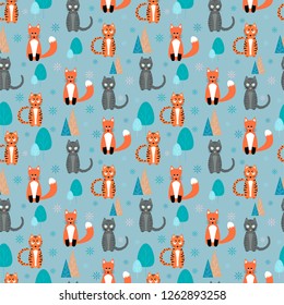 vector seamless pattern of cute animals, fox tiger and cat