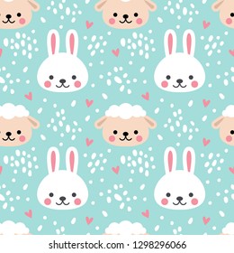 Vector seamless pattern with cute animals, kids background. Rabbit and lamb.