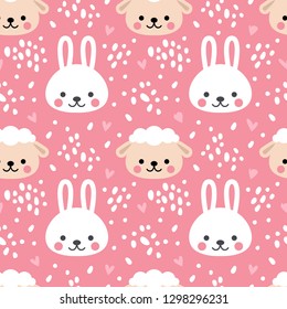 Vector seamless pattern with cute animals, kids background. Rabbit and lamb on pink background.