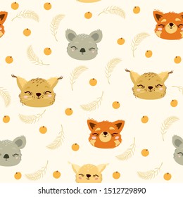 vector seamless pattern with cute animals. red panda, koala, lynx.