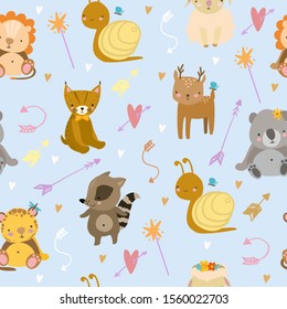 vector seamless pattern with cute animals on a blue background. minimalism, packaging, design, wallpaper. snail, lion, lynx, raccoon, sheep, leopard. cute background for kids