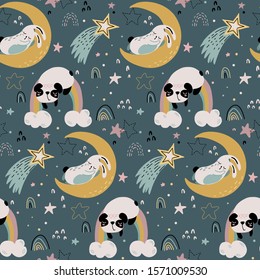 Vector seamless pattern with cute animals fliyng and sleeping on moon and rainbow. Colorful night endless background for textile, wrapping paper, invitations, preschool and children room decoration