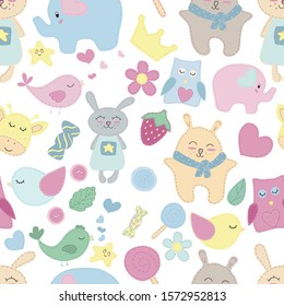 vector seamless pattern, cute animals, toys and sweets for children, without background


