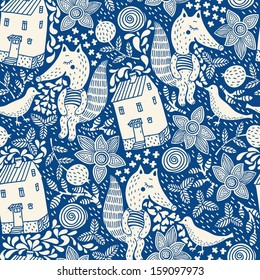 vector seamless pattern with cute animals and rural houses