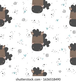 Vector seamless pattern with cute animals and hearts Baby horse Digital paper Children background